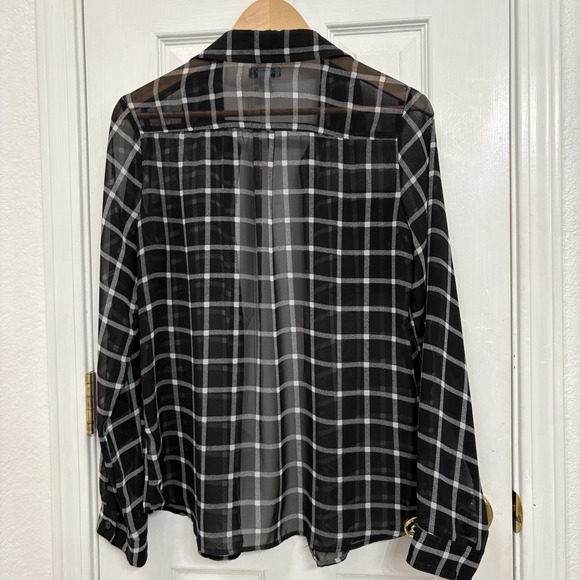 Old Navy Sheer Windowpane Blouse Black White Grid Plaid 90s Office Siren Med - Picture 2 of 8